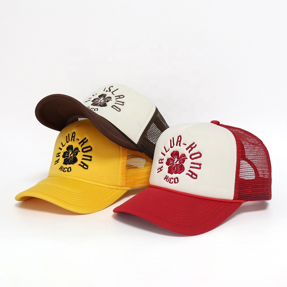 Retro Floral Embroidered Mesh Trucker Cap with Curved Brim