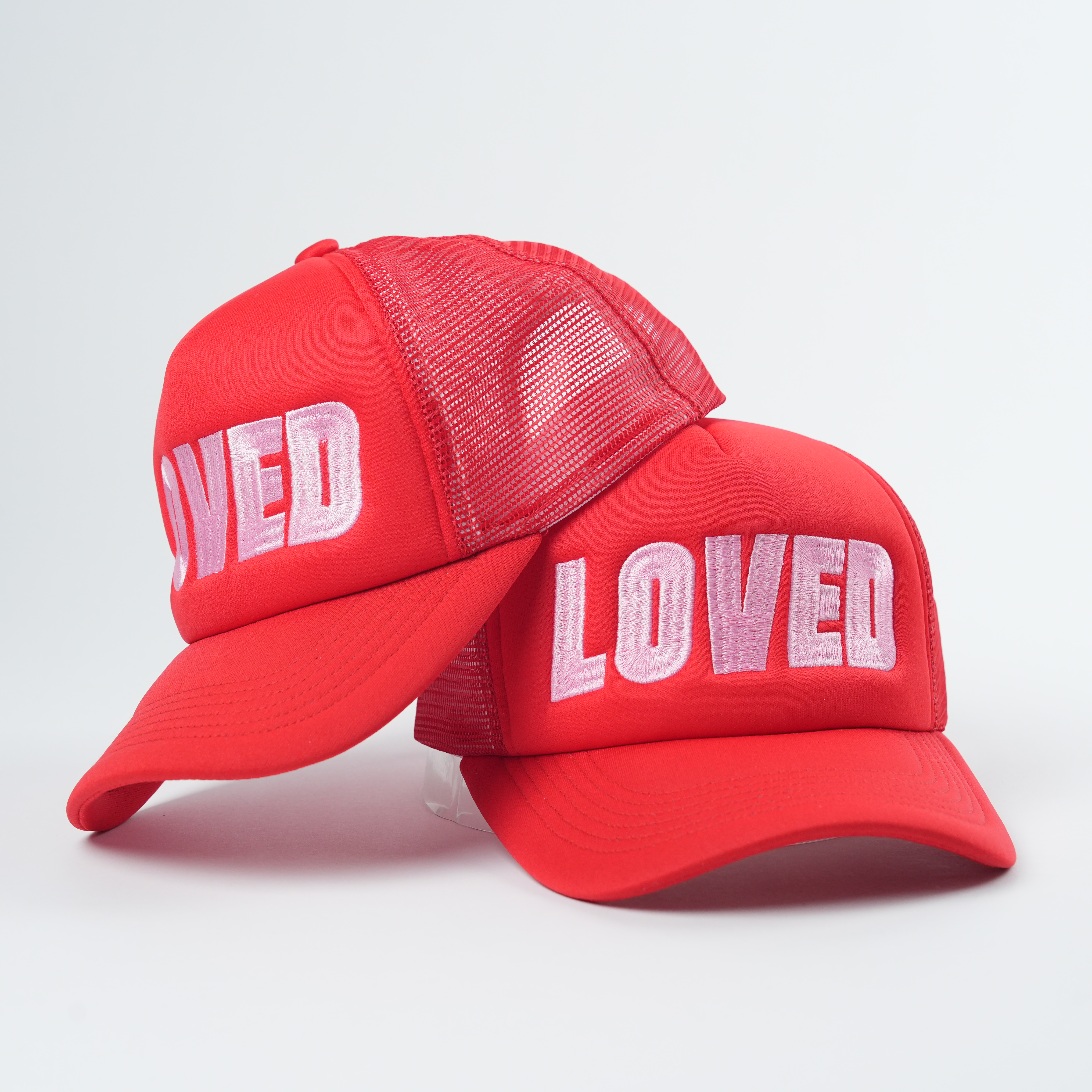 LOVED Pink Embroidered Red Trucker Hat