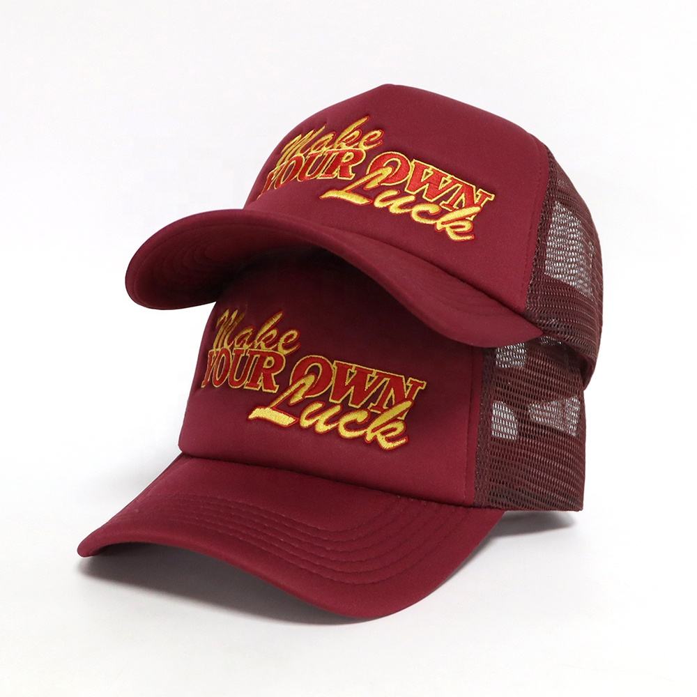 Burgundy Mesh-Back Trucker Cap with Raised Make Your Own Luck Embroidery