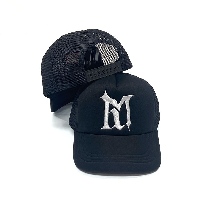 Black M Logo 5 Panel Foam Trucker Cap with Flat Embroidery