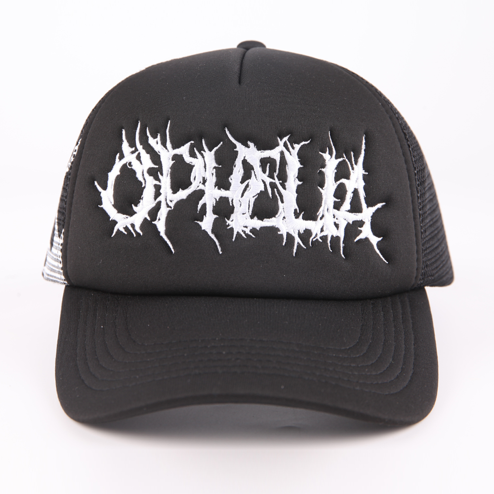 Black and White Foam Trucker Hat with Gothic Embroidered Logo and Mesh Back Design