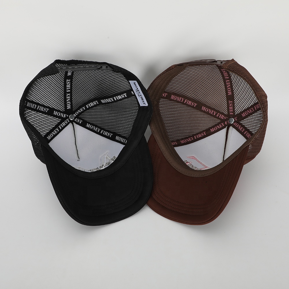 MT Name First Brown & Black 5-Panel Mesh Trucker Hat with Flat Embroidery