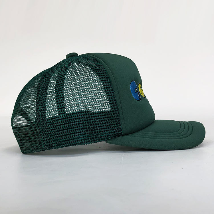 Green 5-Panel Foam Trucker Hat with Colorful Flat Embroidered Logo