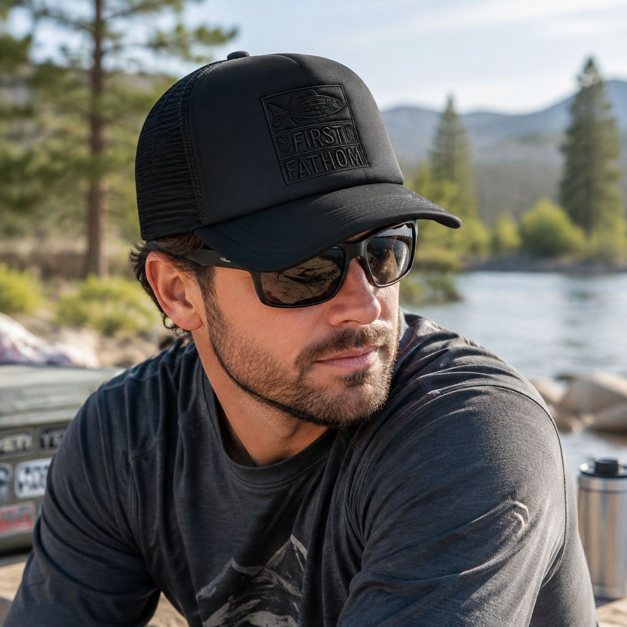 Black Foam Mesh Trucker Hat with Tonal Fish Patch Embroidery