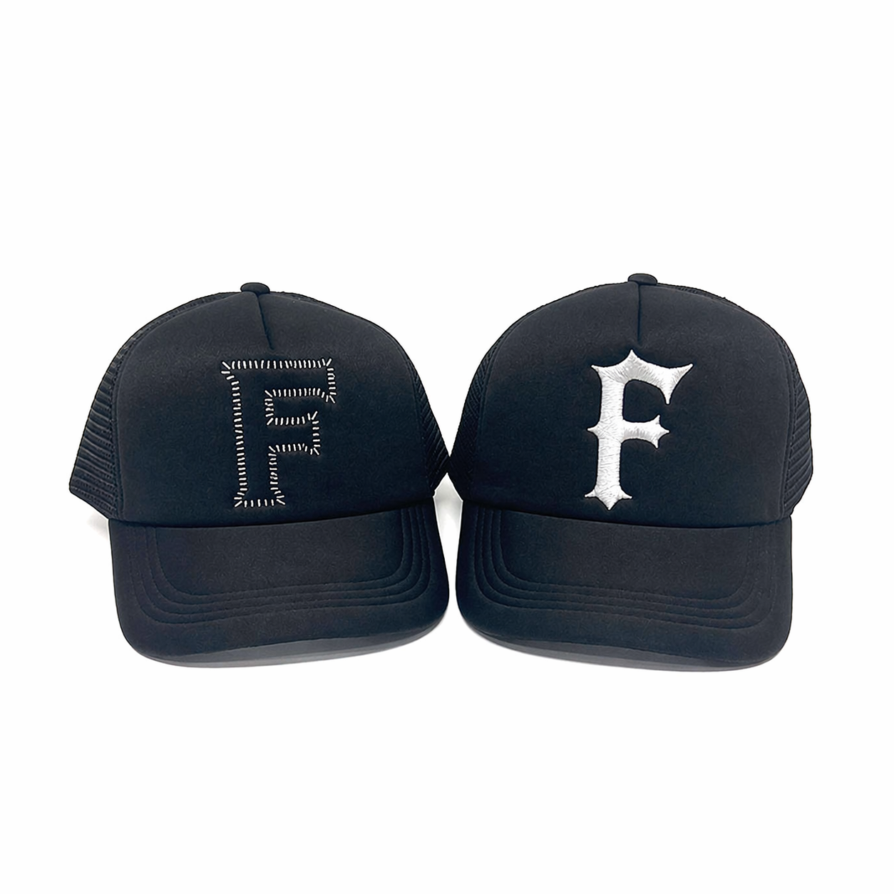 Black M Logo 5 Panel Foam Trucker Cap with Flat Embroidery