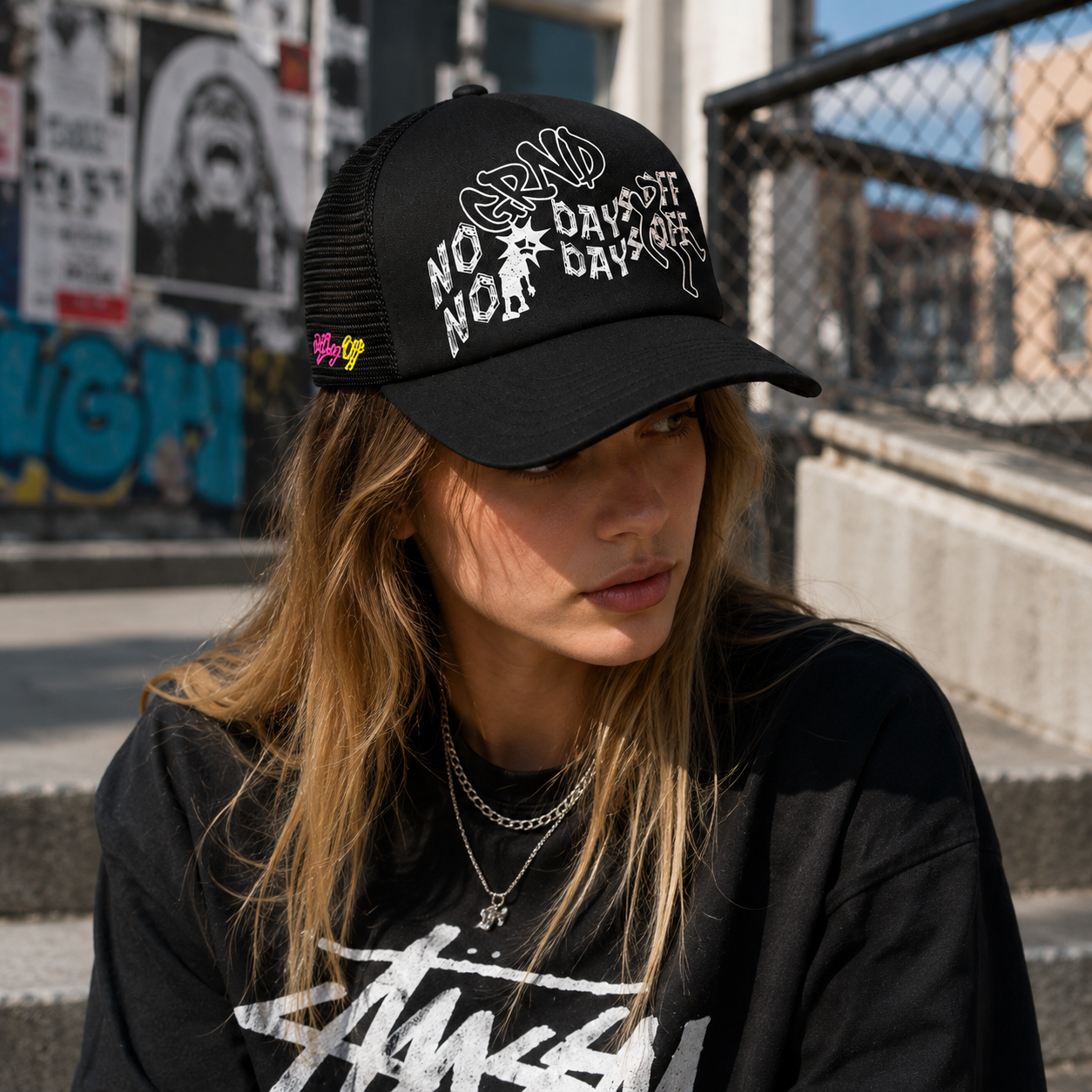 Black Graffiti Print Foam Trucker Cap with Mesh Back
