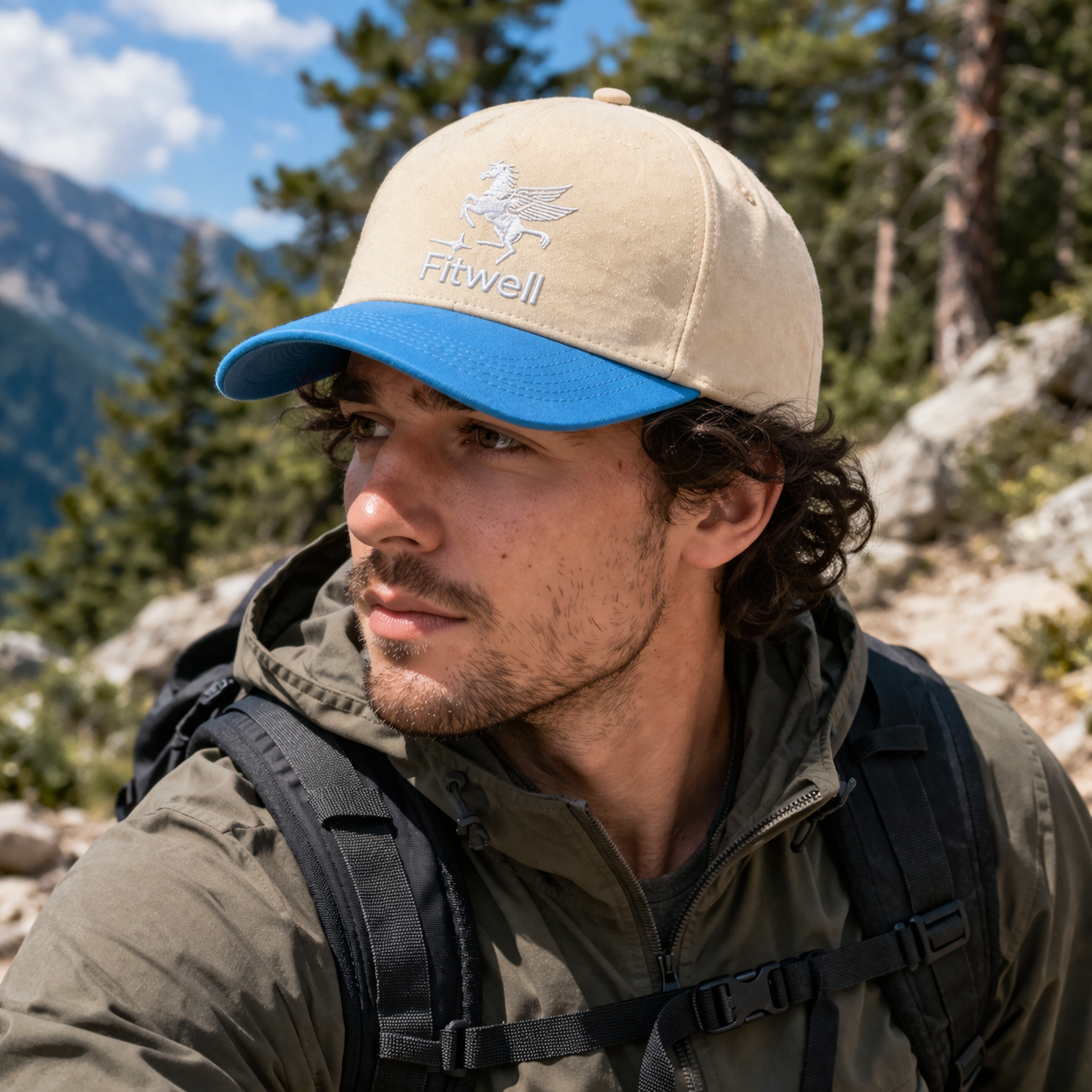 Beige and Blue Curved Brim Trucker Cap with Embroidered Pegasus Logo