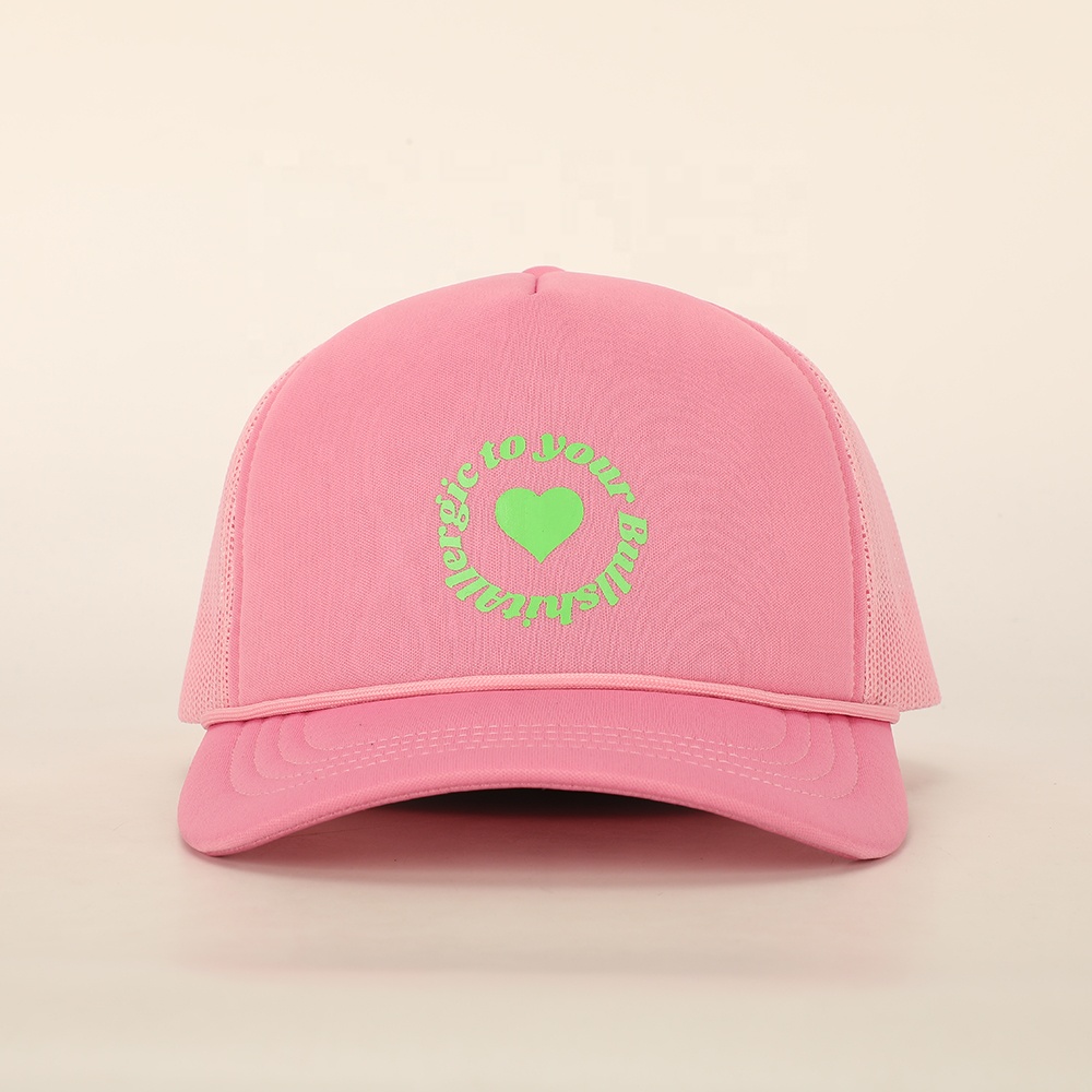 Pink 5 Panel Foam Trucker Hat with Printed Logo Mesh Back Adjustable Casual Cap