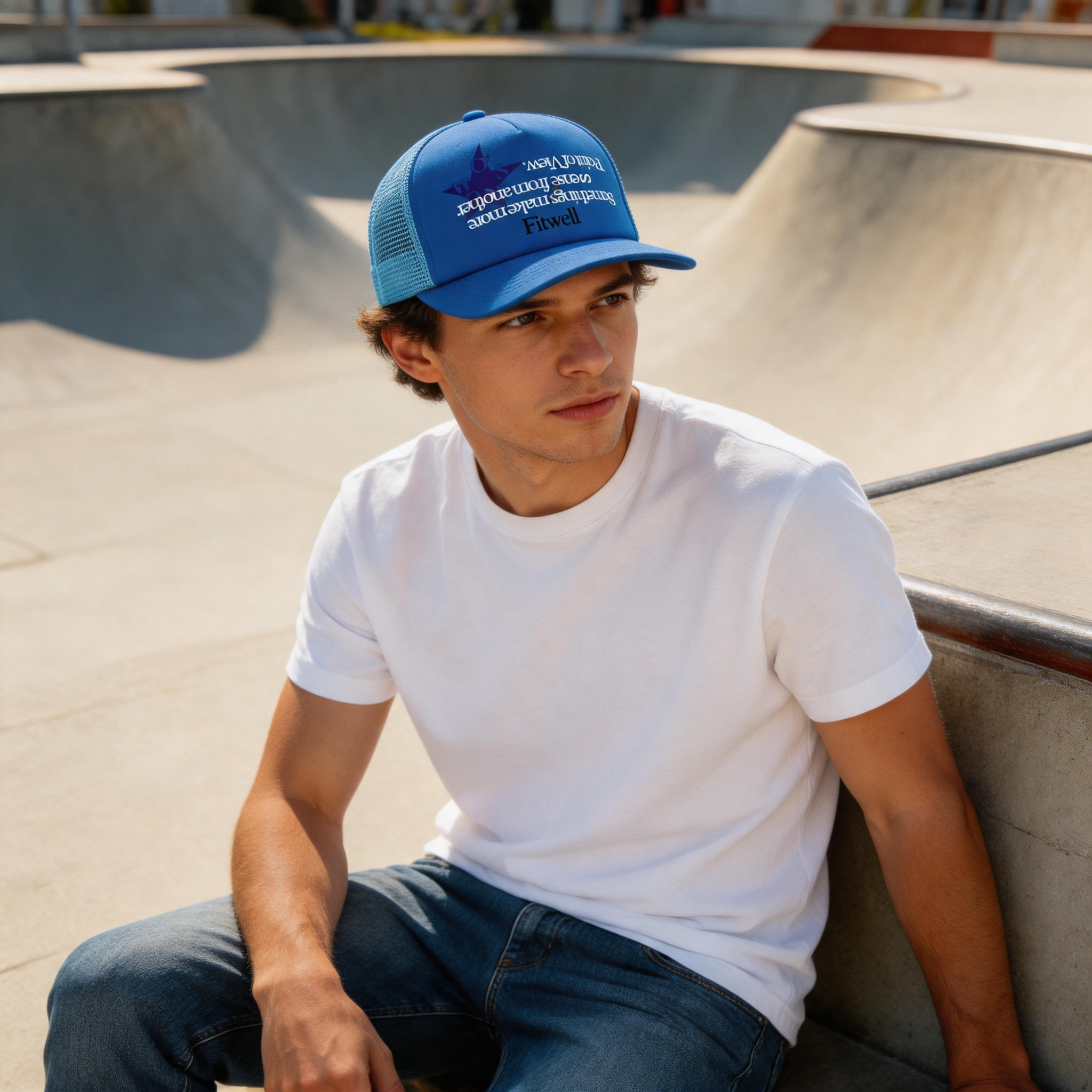 Blue Foam Trucker Hat with Printed Slogan Logo and Mesh Back Panels