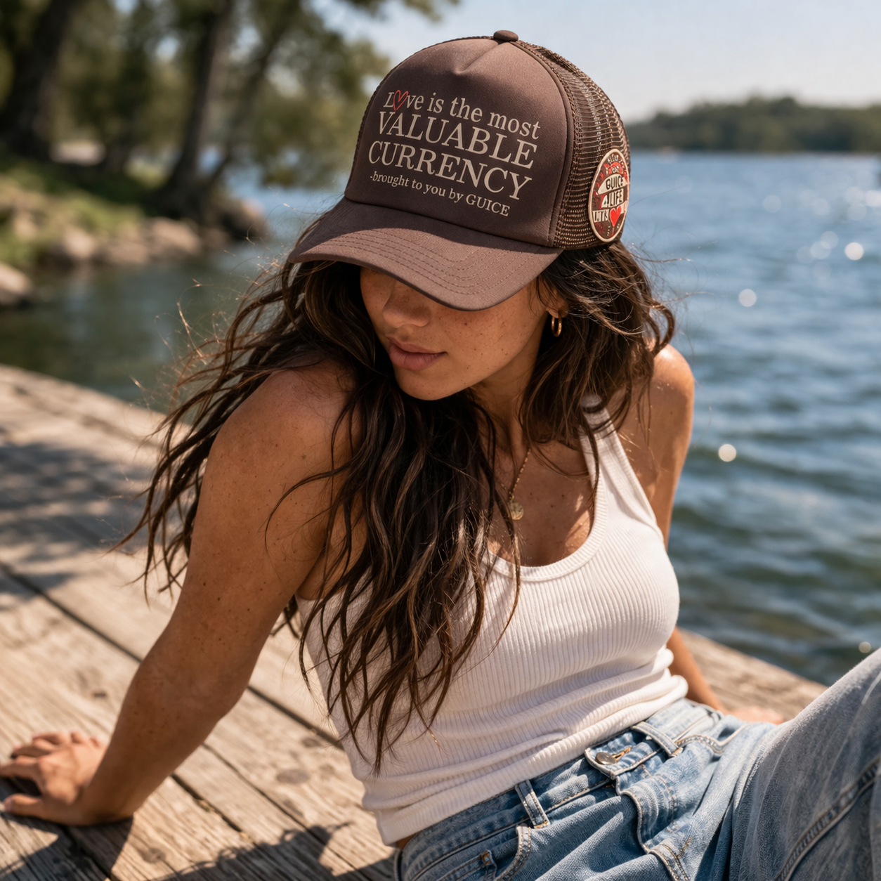 Brown Slogan Print Mesh Trucker Cap Curved Brim Snapback Hat