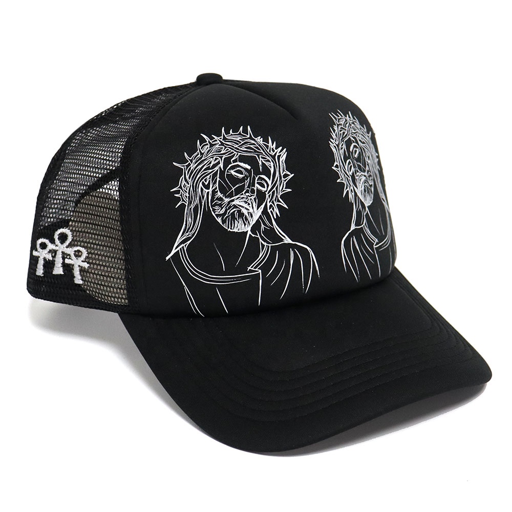 Black Foam Trucker Hat with Gothic Crown Face Print Dual Graphic Design