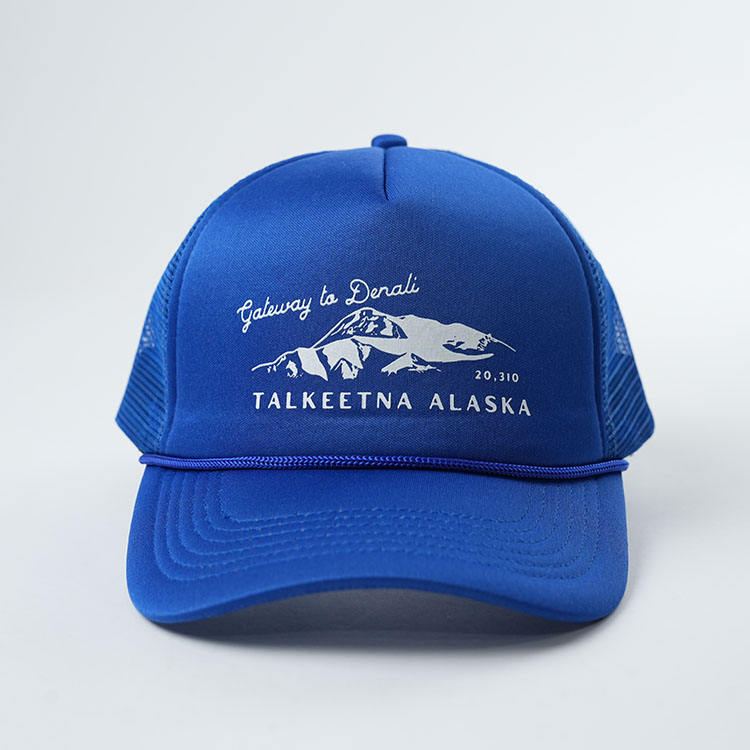 Talkeetna Alaska Blue Foam Mesh Trucker Hat with Printed Logo