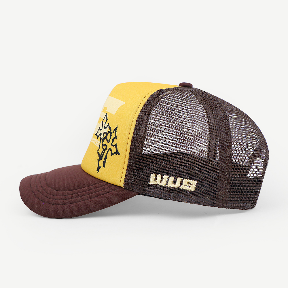 Yellow Brown All Or Nothing Foam Mesh Trucker Hat Printed Curved Brim Cap