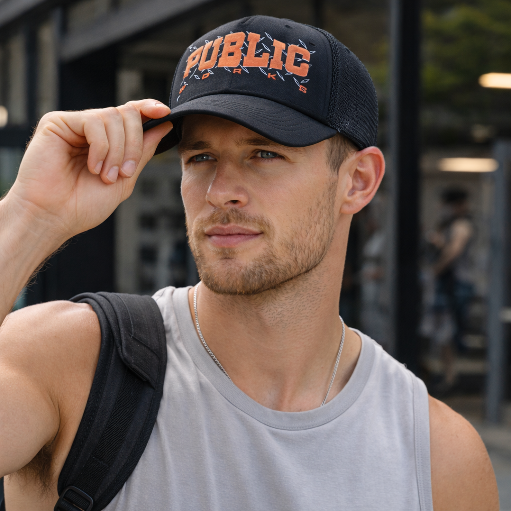 Public Works Printed Logo Black Foam Trucker Hat