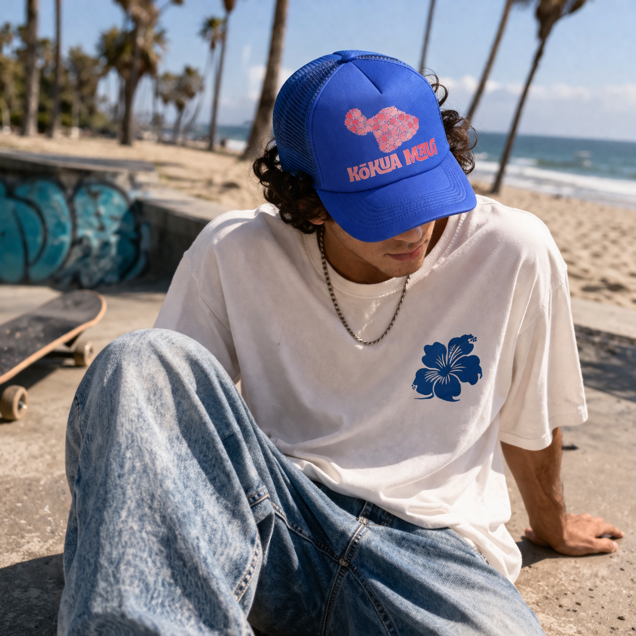Blue Foam Trucker Cap with Pink Graphic Print Mesh Back Adjustable Hat