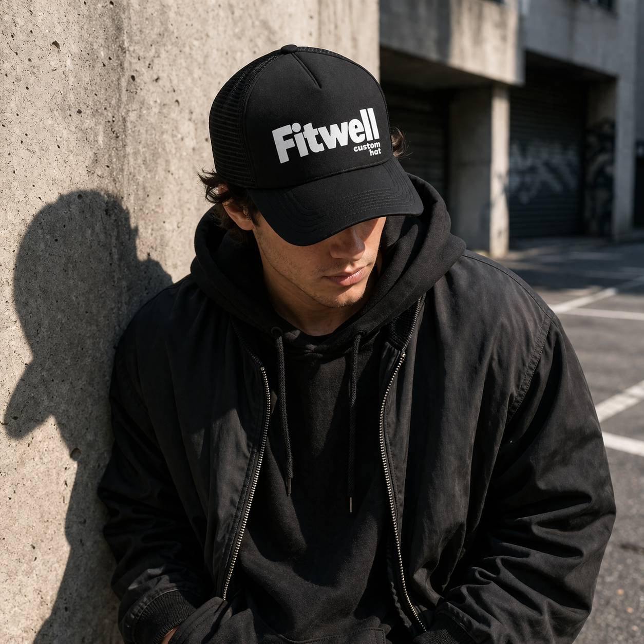 Black Foam Front Mesh Back Trucker Cap with Bold Printed Letter Design