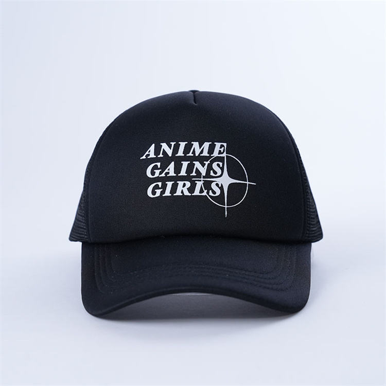 Black Anime Text Printed Foam Mesh Trucker Hat