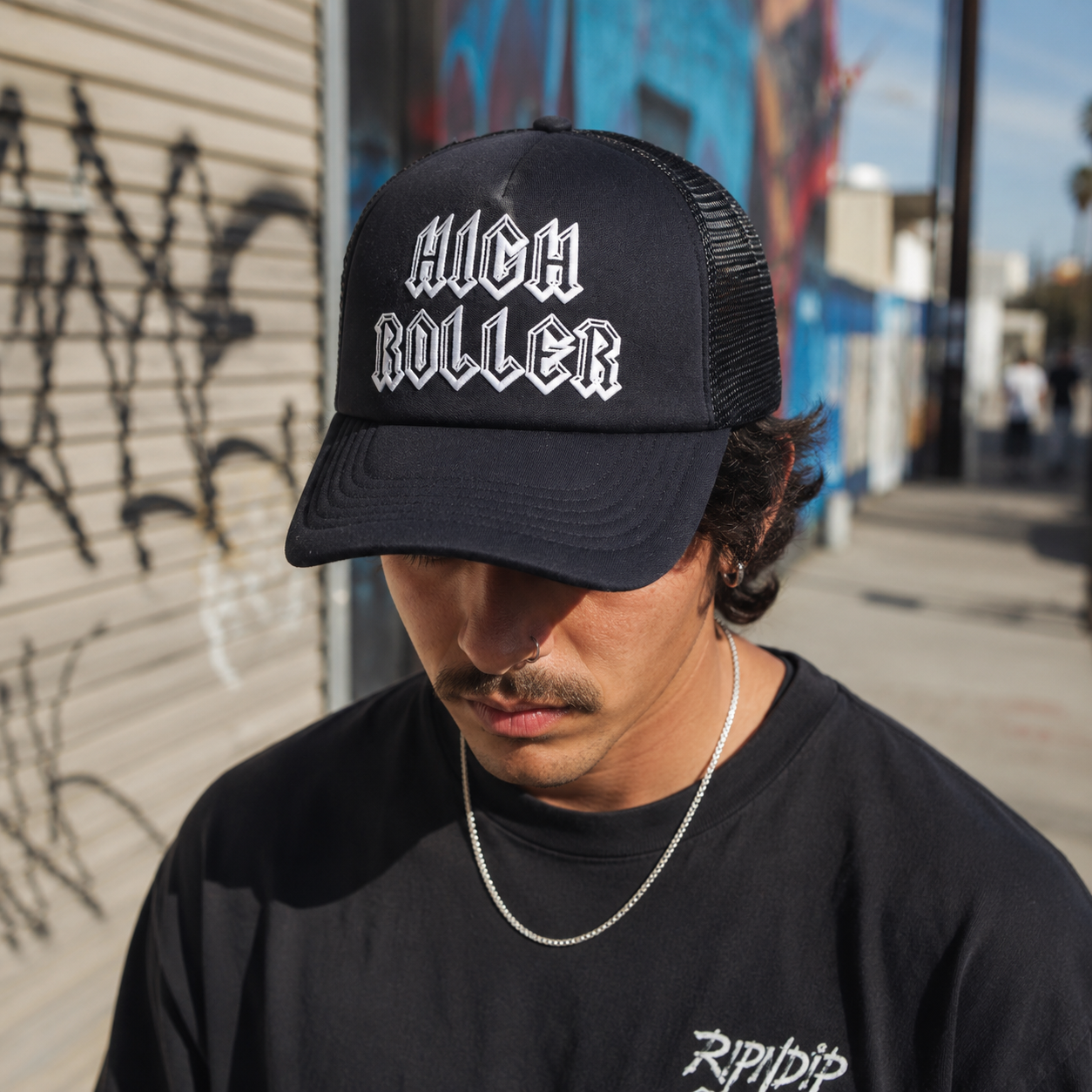 Black High Roller Printed Foam Mesh Trucker Hat