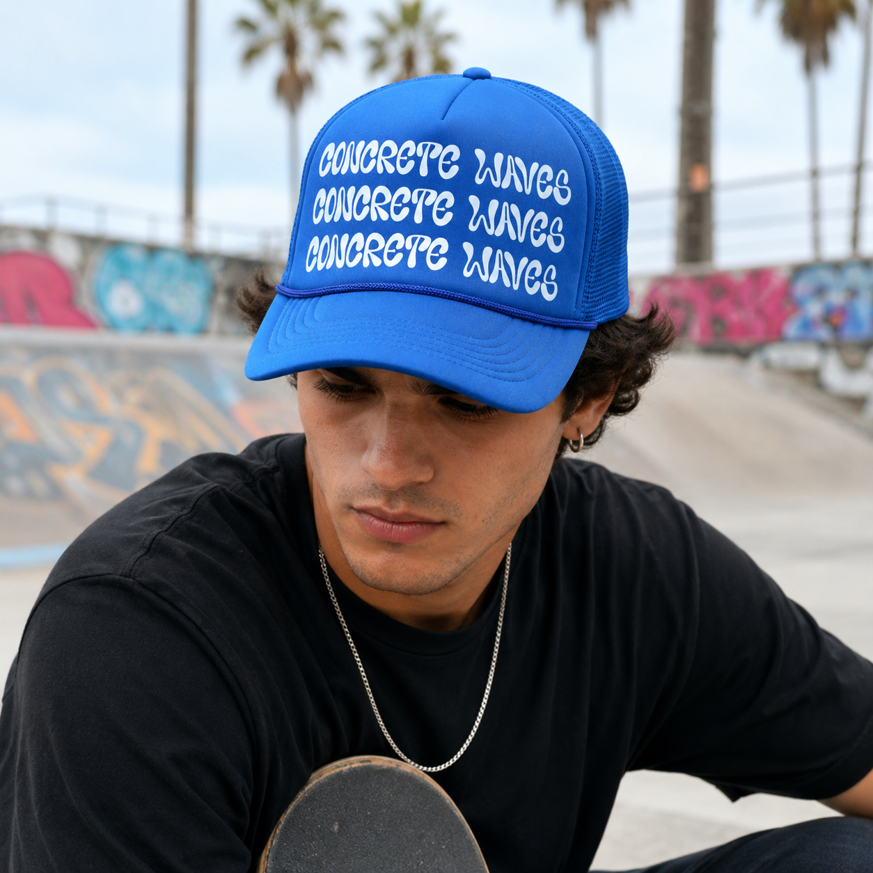 Blue and Black Printed Foam Mesh Trucker Cap