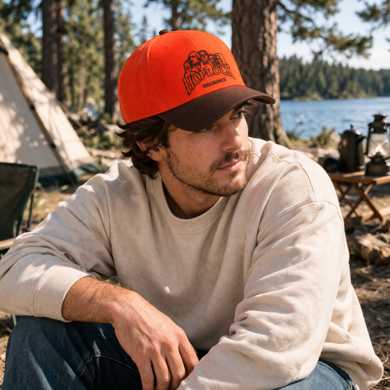 Orange and Brown Curved Brim Trucker Cap with Embroidered Graphic Logo