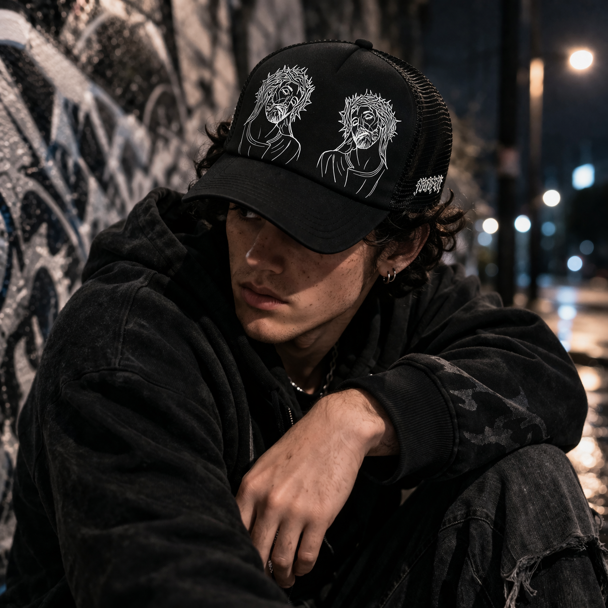 Black Foam Trucker Hat with Gothic Crown Face Print Dual Graphic Design