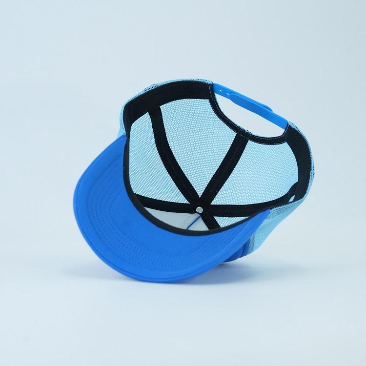 Blue Foam Trucker Hat with Printed Slogan Logo and Mesh Back Panels