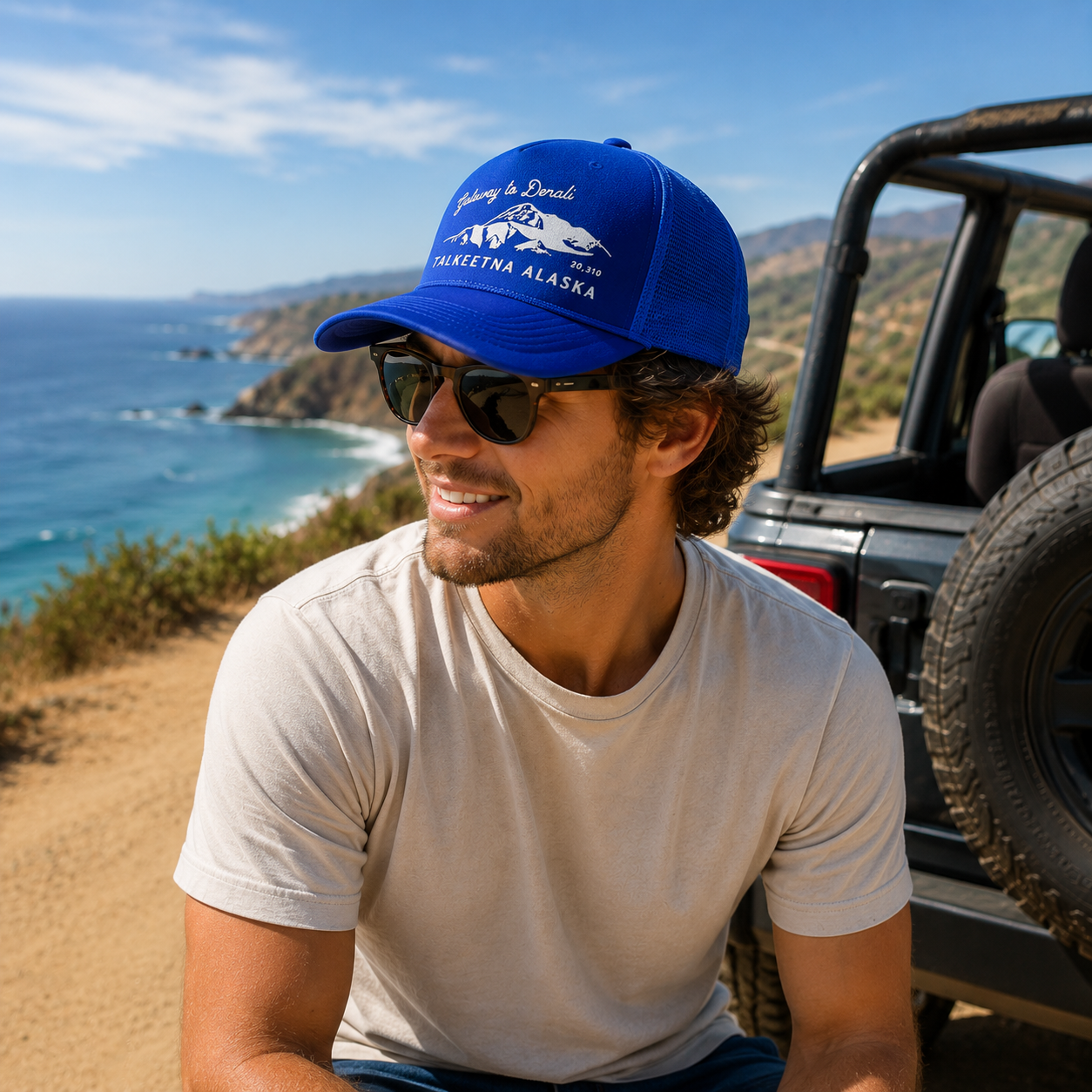 Talkeetna Alaska Blue Foam Mesh Trucker Hat with Printed Logo