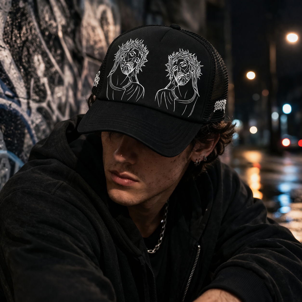 Black Foam Trucker Hat with Gothic Crown Face Print Dual Graphic Design
