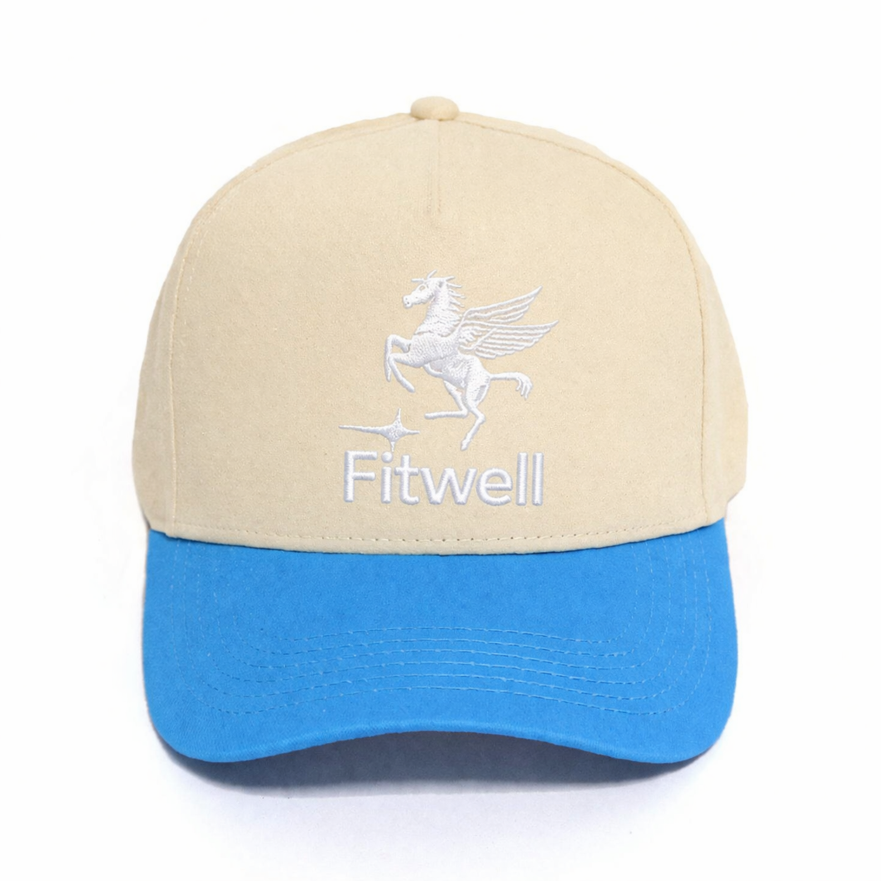 Beige and Blue Curved Brim Trucker Cap with Embroidered Pegasus Logo