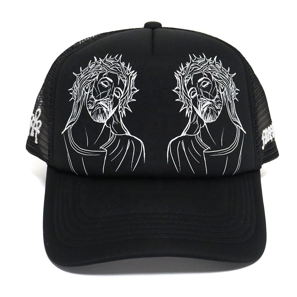 Black Foam Trucker Hat with Gothic Crown Face Print Dual Graphic Design
