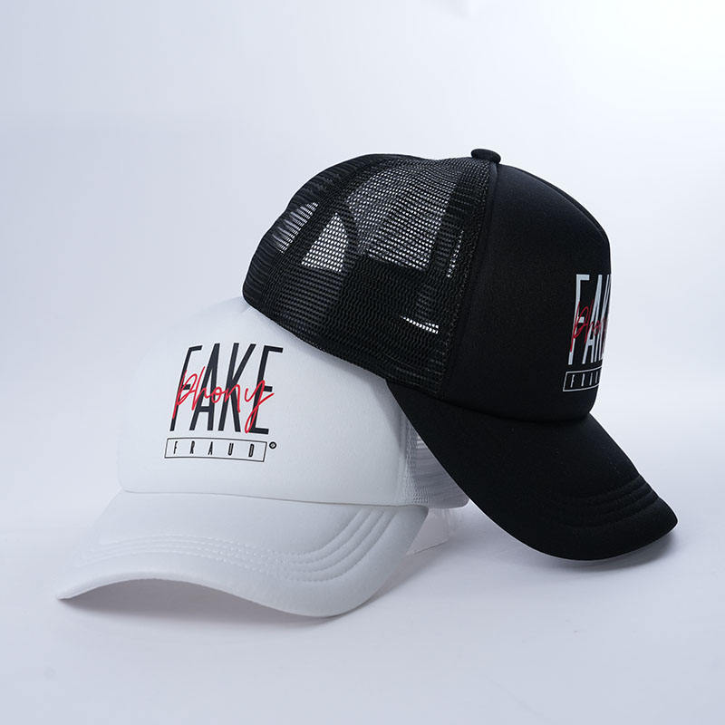 Printed Foam Mesh Trucker Cap in Black and White