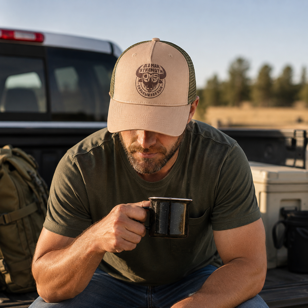 Khaki Olive Old Man Strength Bull Graphic Five-Panel Trucker Cap