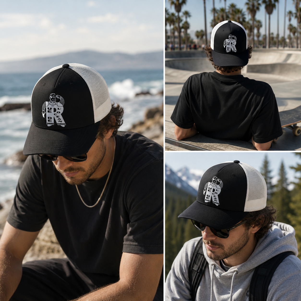 Black and White Printed Robot Graphic Foam Mesh Trucker Hat