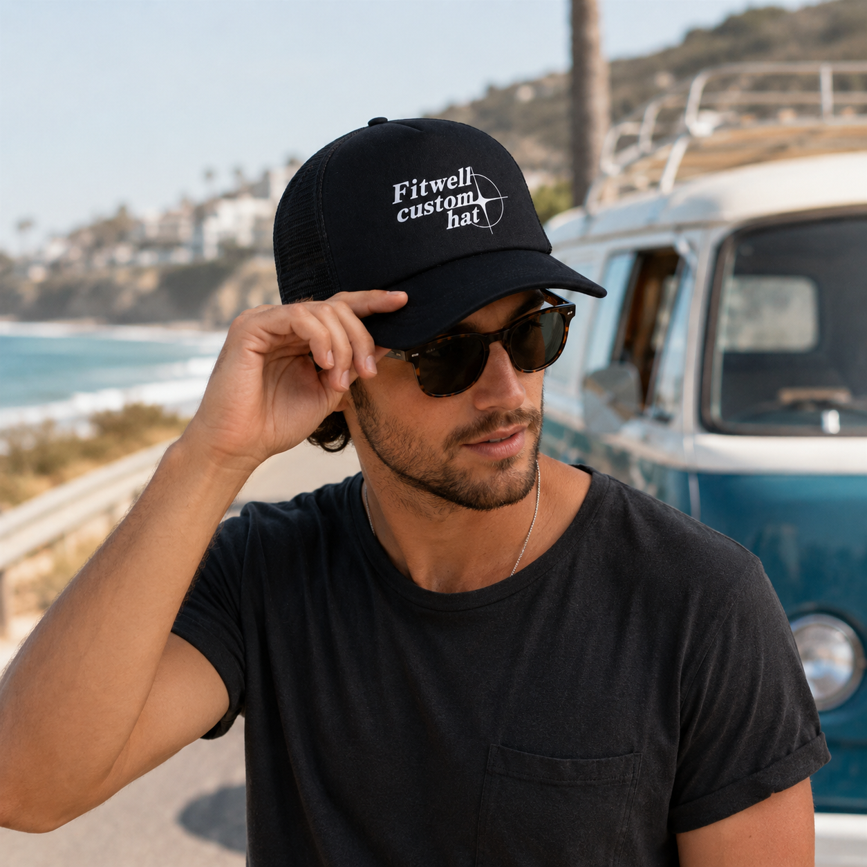 Black Anime Text Printed Foam Mesh Trucker Hat