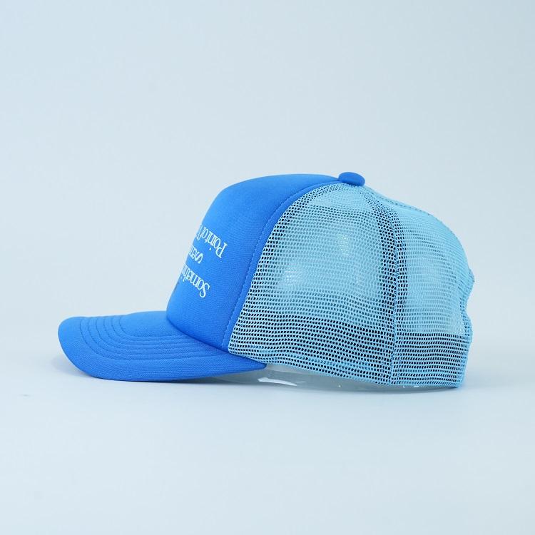 Blue Foam Trucker Hat with Printed Slogan Logo and Mesh Back Panels