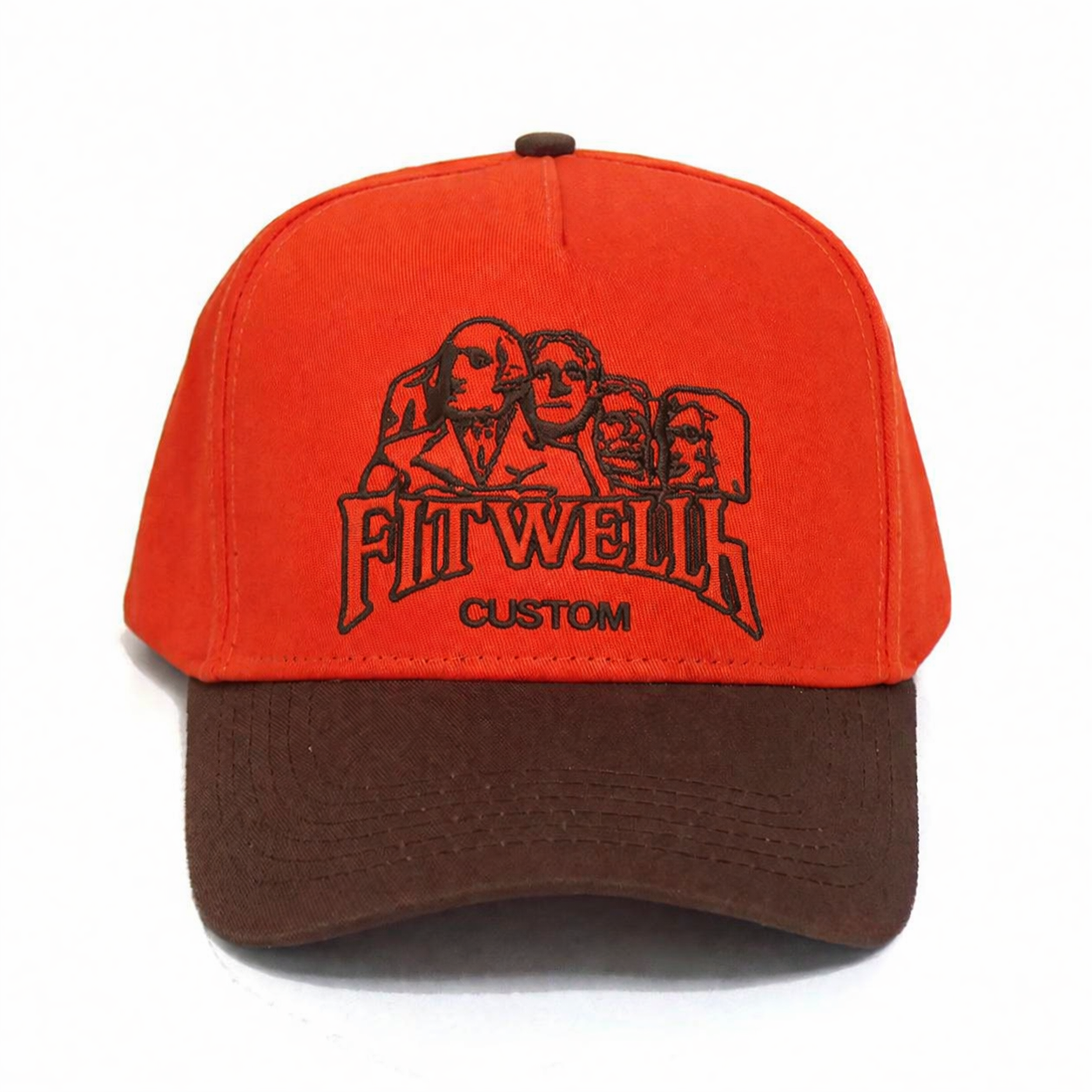 Orange and Brown Curved Brim Trucker Cap with Embroidered Graphic Logo