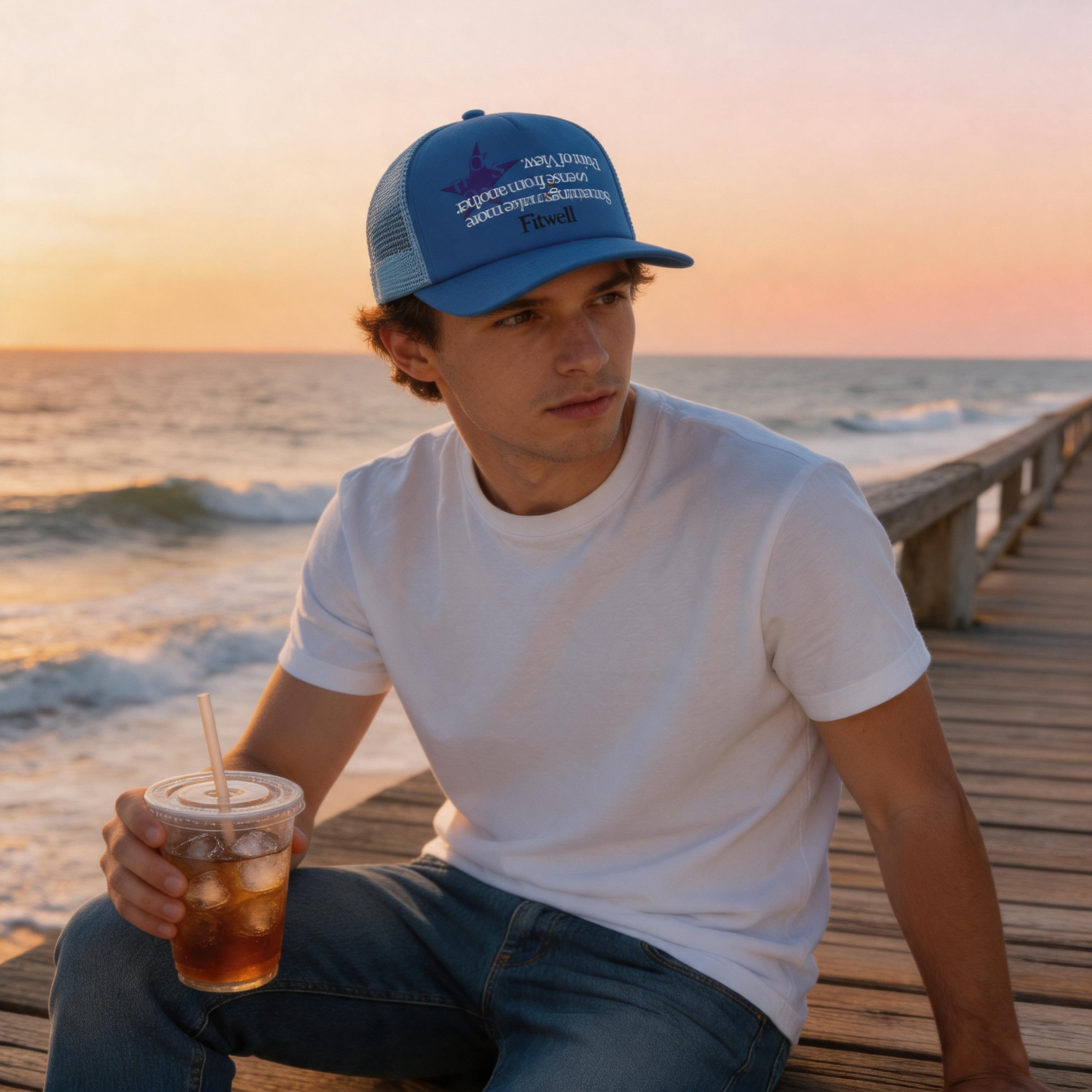 Blue Foam Trucker Hat with Printed Slogan Logo and Mesh Back Panels