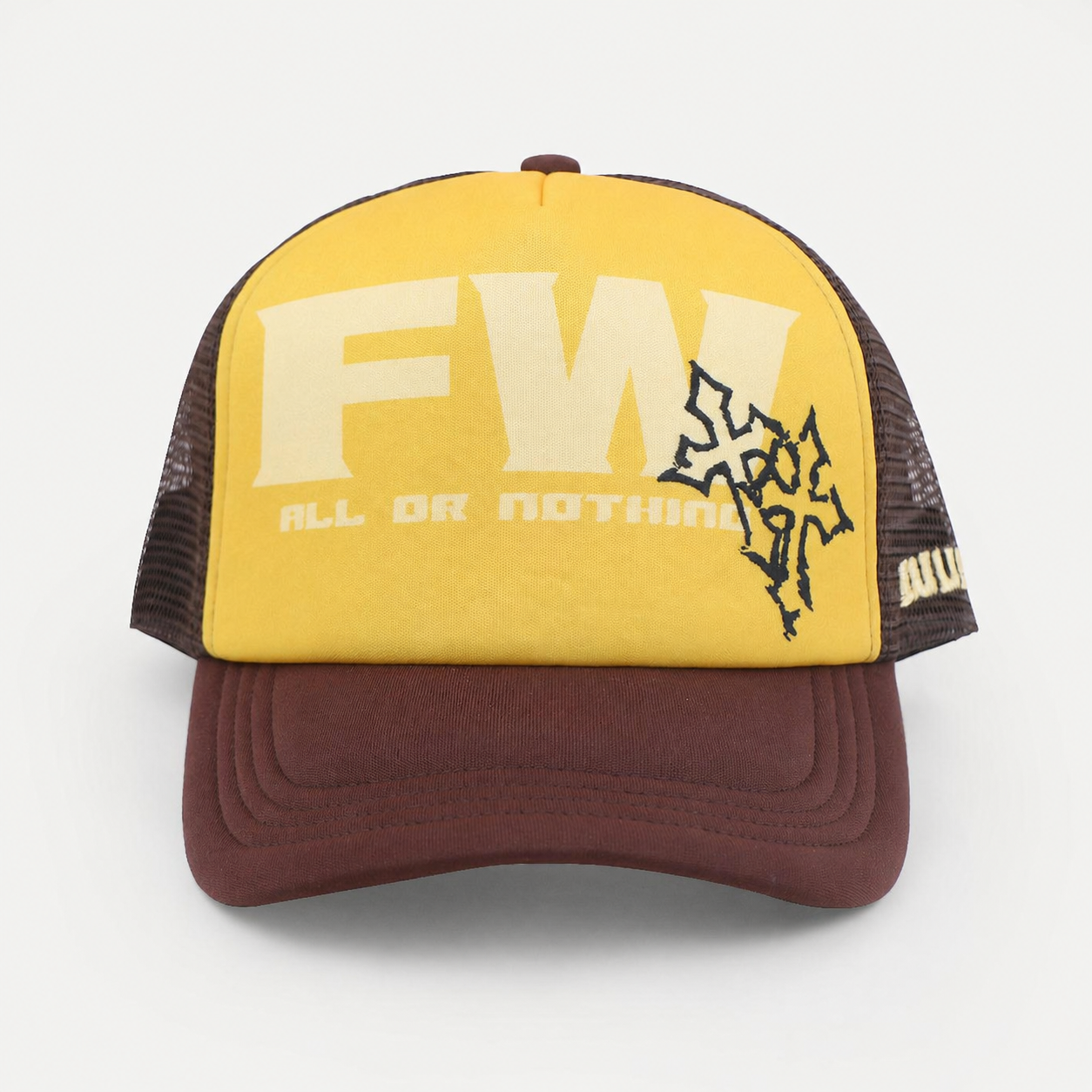 Yellow Brown All Or Nothing Foam Mesh Trucker Hat Printed Curved Brim Cap