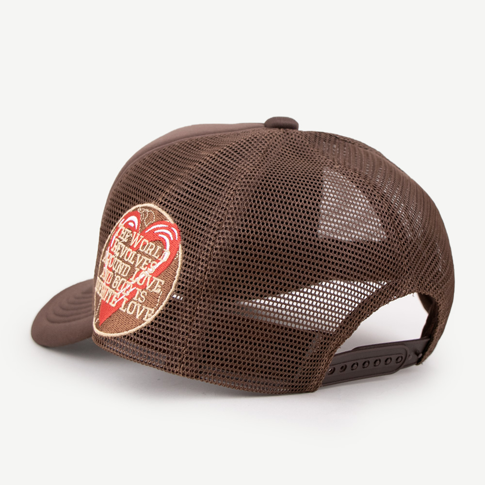 Brown Slogan Print Mesh Trucker Cap Curved Brim Snapback Hat