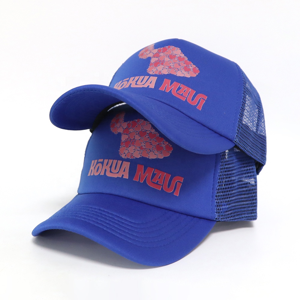 Blue Foam Trucker Cap with Pink Graphic Print Mesh Back Adjustable Hat