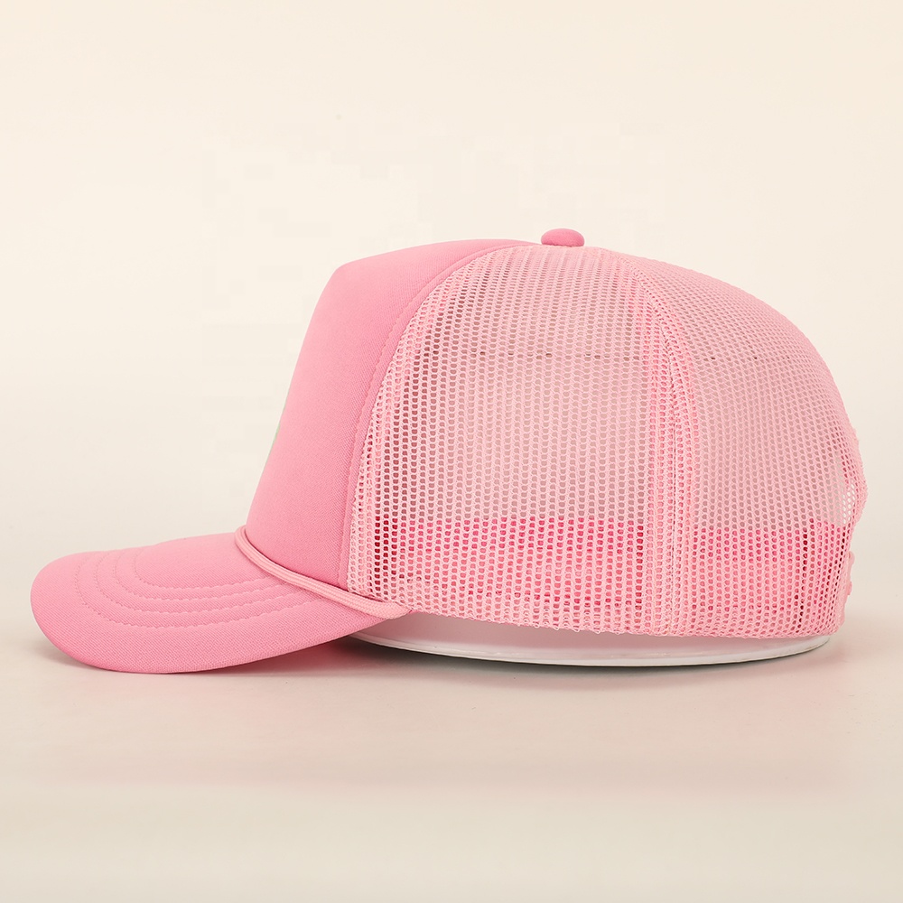 Pink 5 Panel Foam Trucker Hat with Printed Logo Mesh Back Adjustable Casual Cap