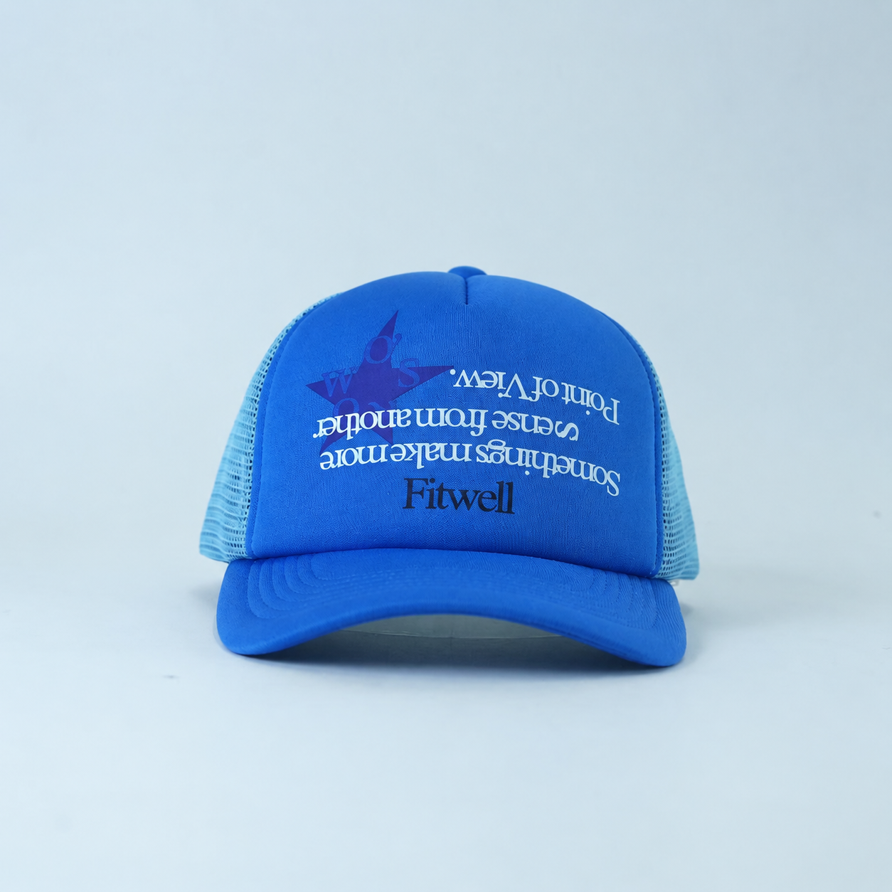Blue Foam Trucker Hat with Printed Slogan Logo and Mesh Back Panels