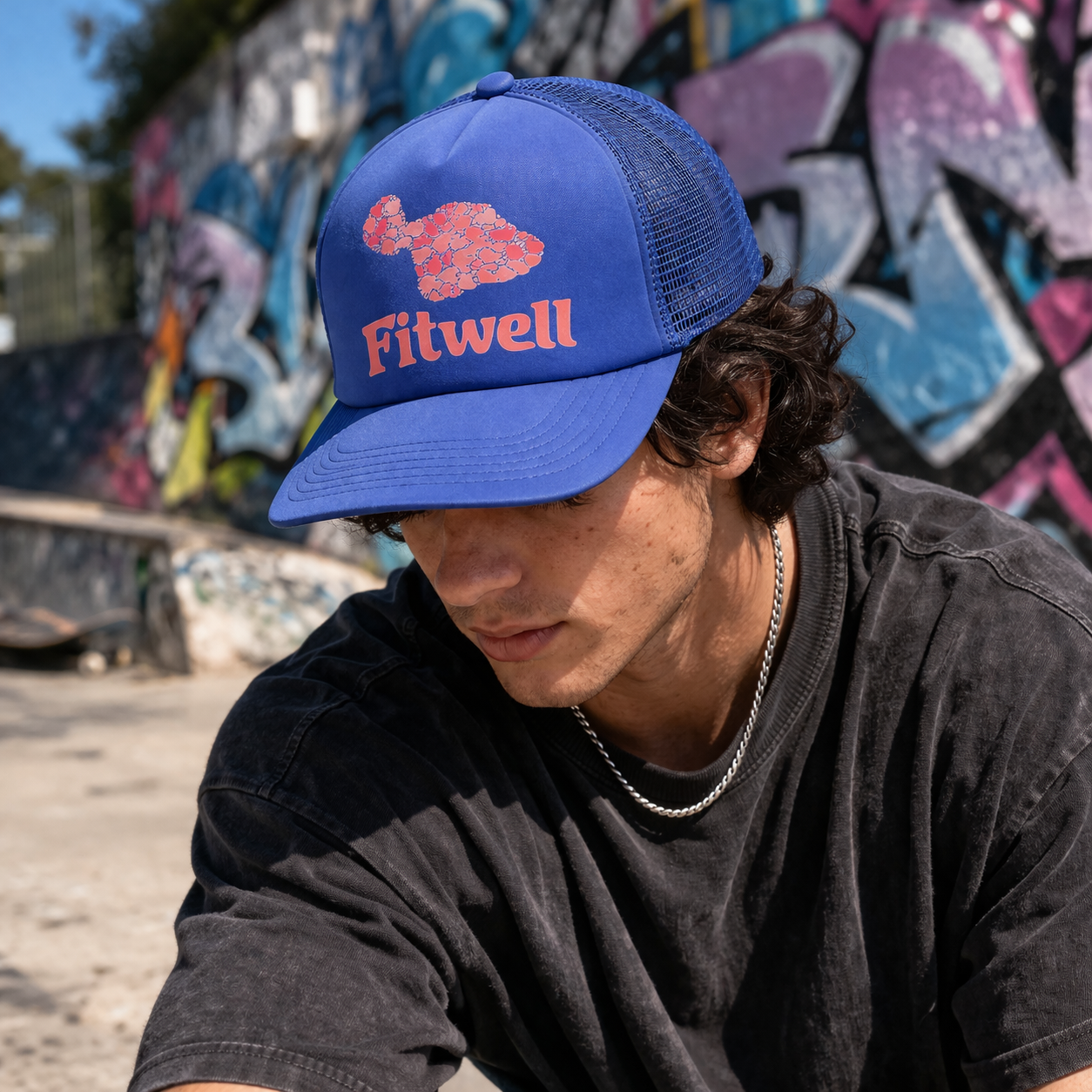 Blue Foam Trucker Cap with Pink Graphic Print Mesh Back Adjustable Hat