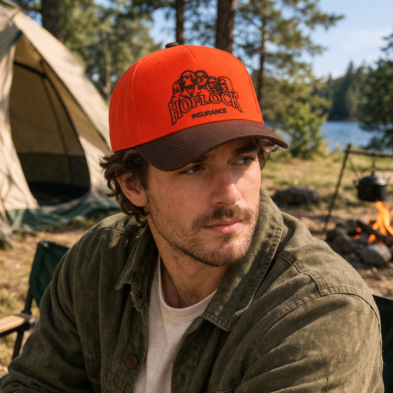 Orange and Brown Curved Brim Trucker Cap with Embroidered Graphic Logo