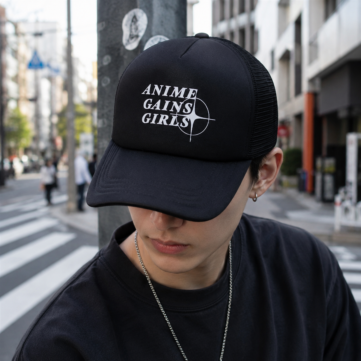 Black Anime Text Printed Foam Mesh Trucker Hat