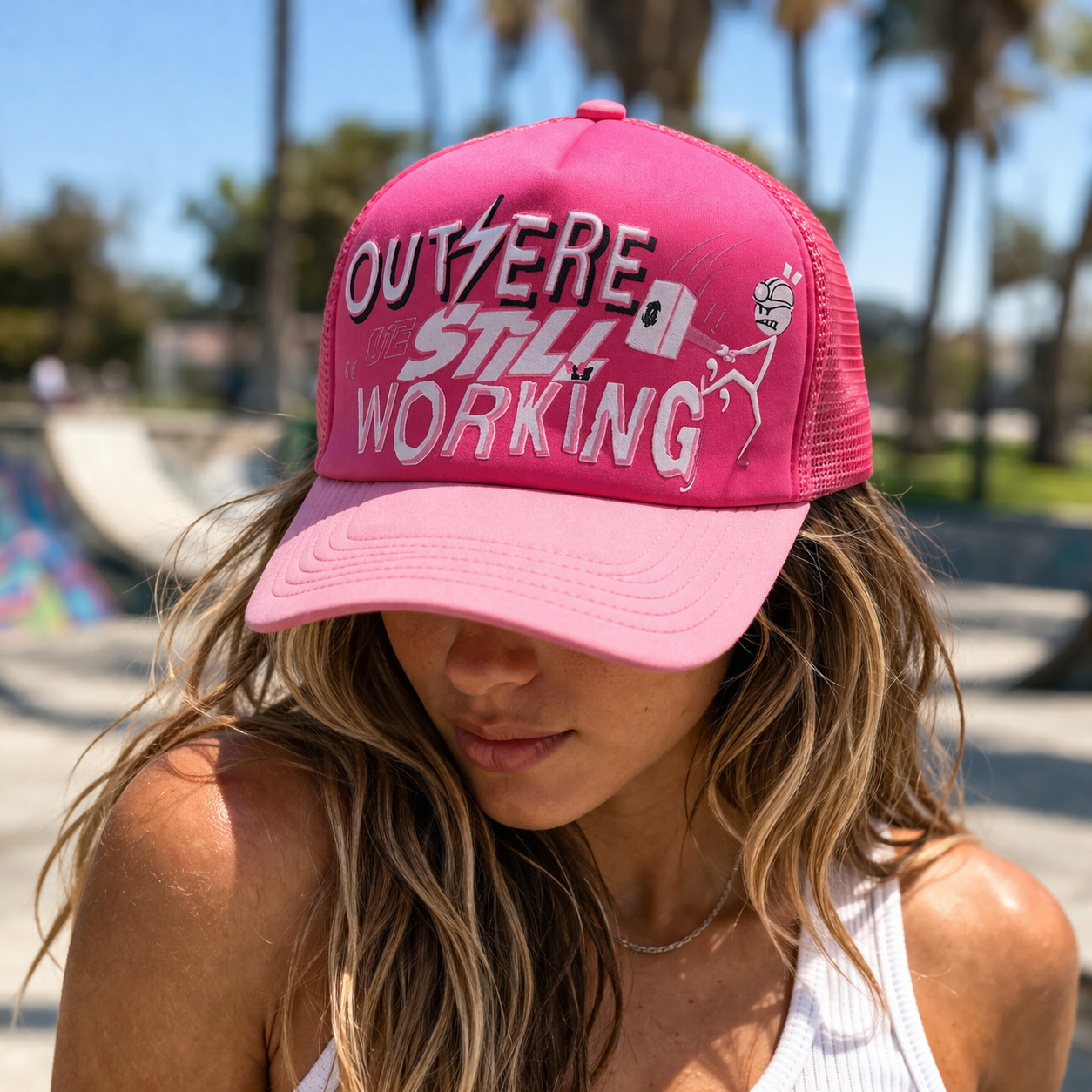 Pink Graphic Letter Mesh Trucker Cap Adjustable Snapback Hat