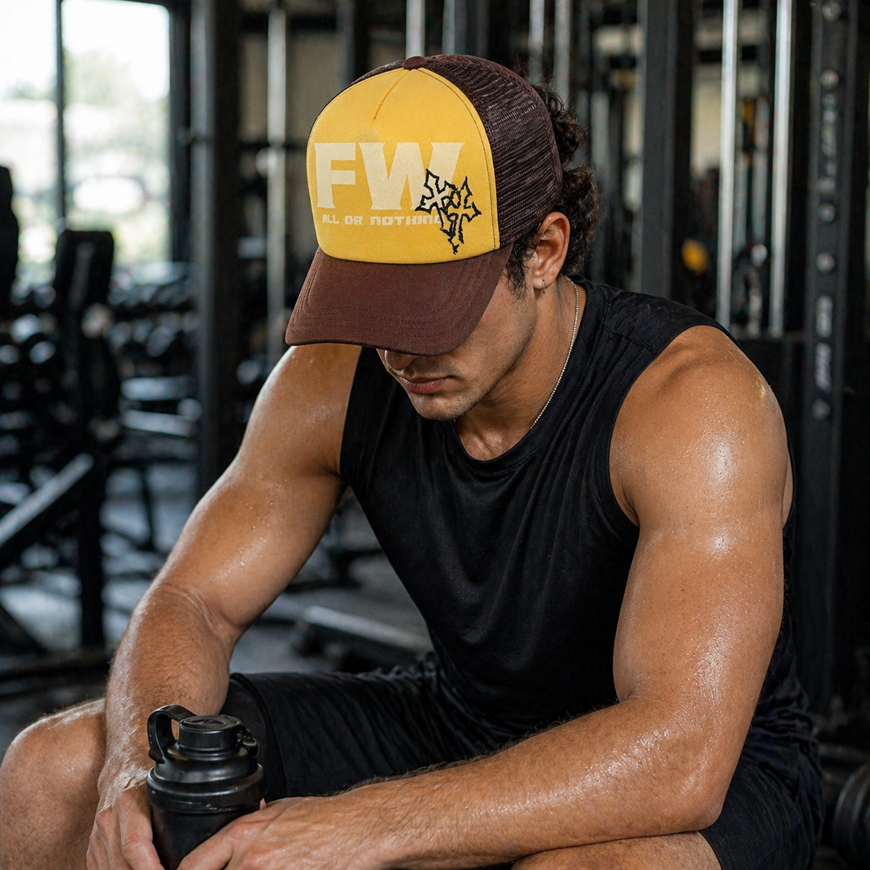 Yellow Brown All Or Nothing Foam Mesh Trucker Hat Printed Curved Brim Cap