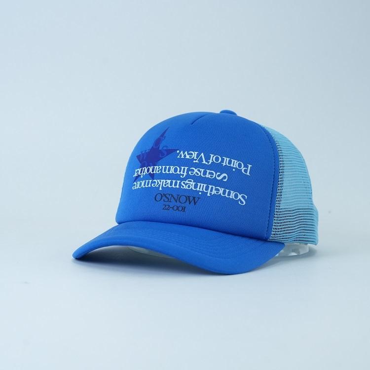 Blue Foam Trucker Hat with Printed Slogan Logo and Mesh Back Panels