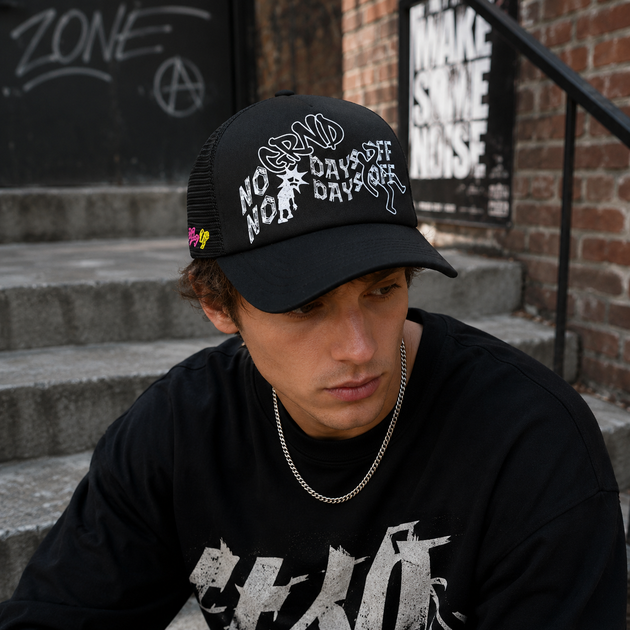 Black Graffiti Print Foam Trucker Cap with Mesh Back