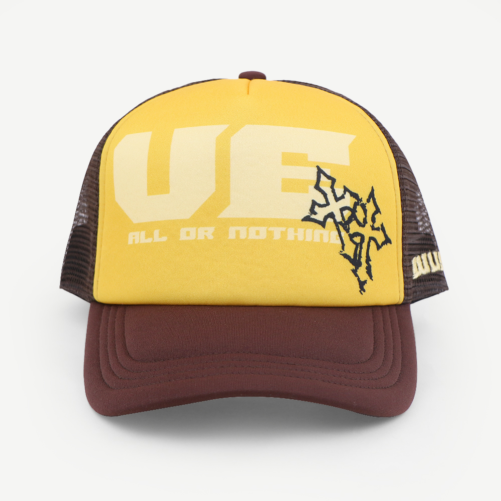Yellow Brown All Or Nothing Foam Mesh Trucker Hat Printed Curved Brim Cap